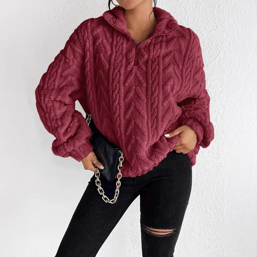 Double-sided Plush Latte Art Casual Zipper Pullover Top hercurva