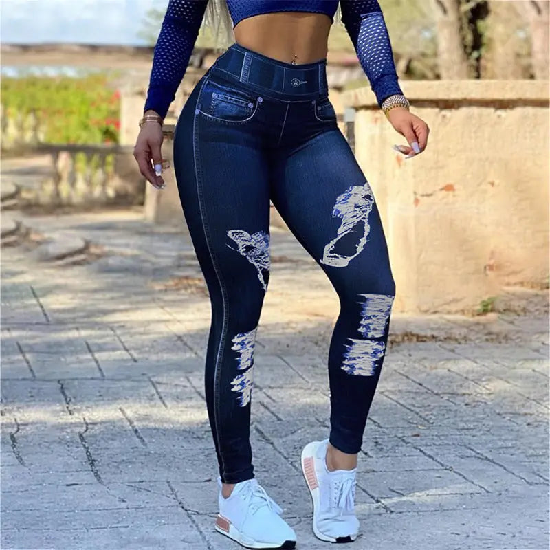 Ladies High Waist High Stretch Faux Denim Leggings hercurva
