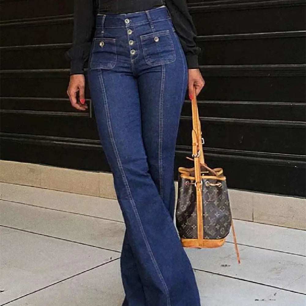 Stitching Washed Denim Stretch Slim Fit Bell-bottom Pants hercurva