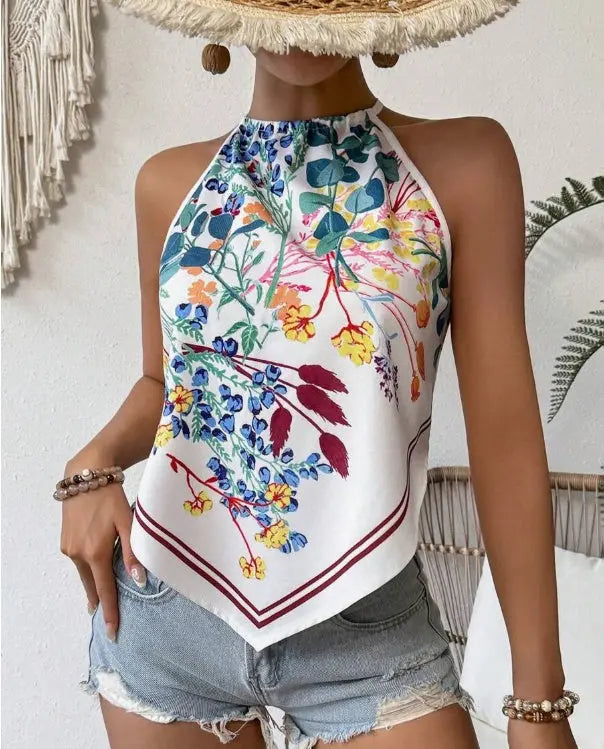 Printed Notched Neck Sleeveless Tank Top hercurva