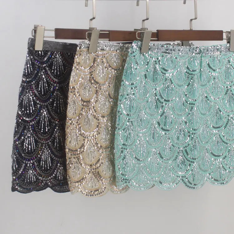 Heavy industry sequin wave edge hip hugging short skirt and half body skirt hercurva