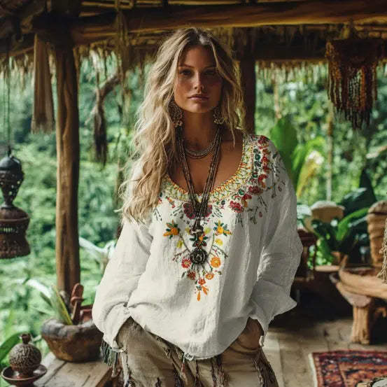 Printed Women's Round Neck Retro Bohemian Top hercurva