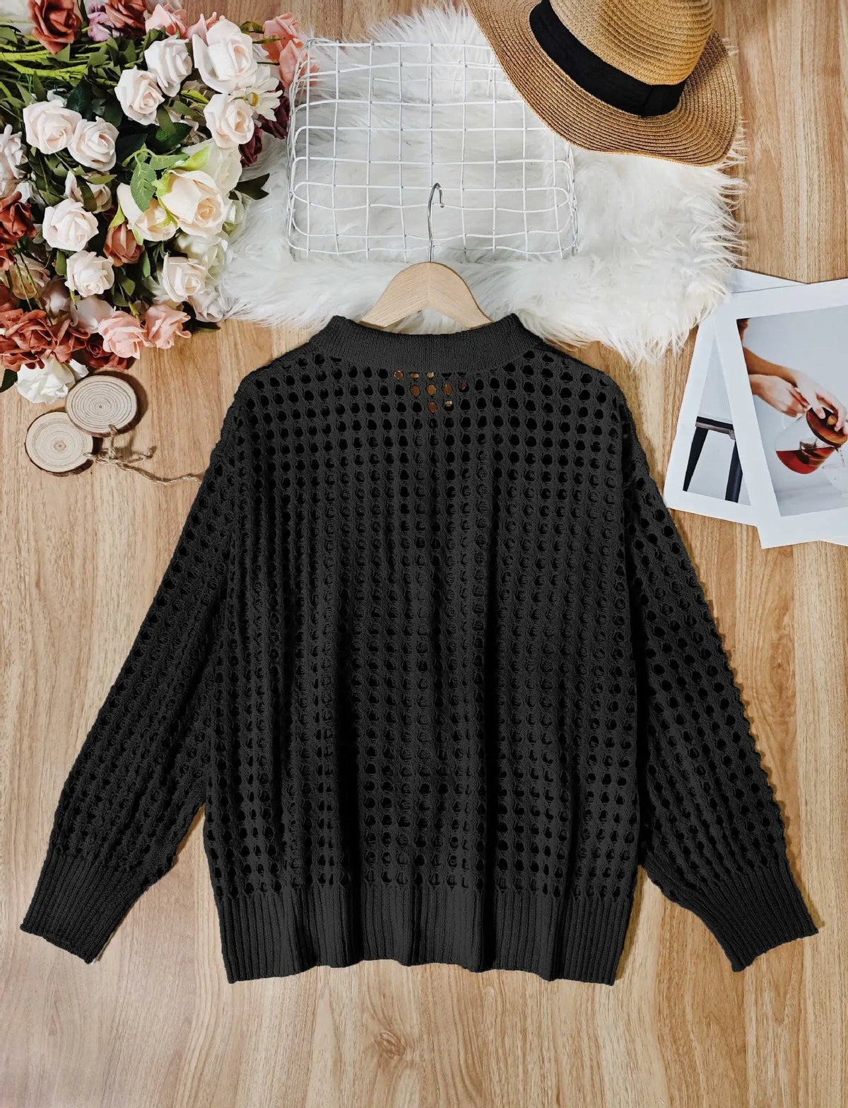 Hollow Single-breasted Lapel Oversized Knit Cardigan hercurva