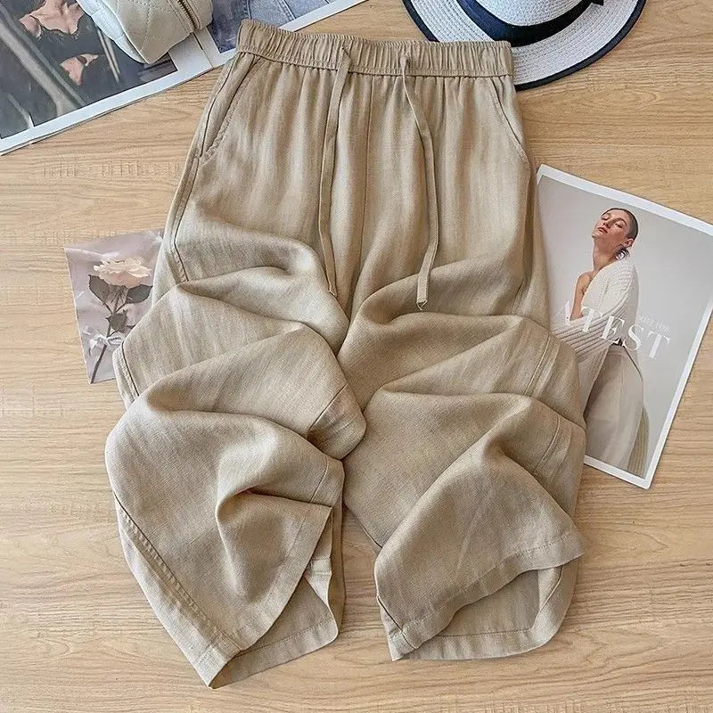 High Waist Drape Linen Cropped Straight Pants hercurva