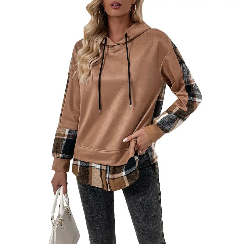 European And American Long Sleeve Plaid Colorblock Hooded Velvet Padded Sweater hercurva