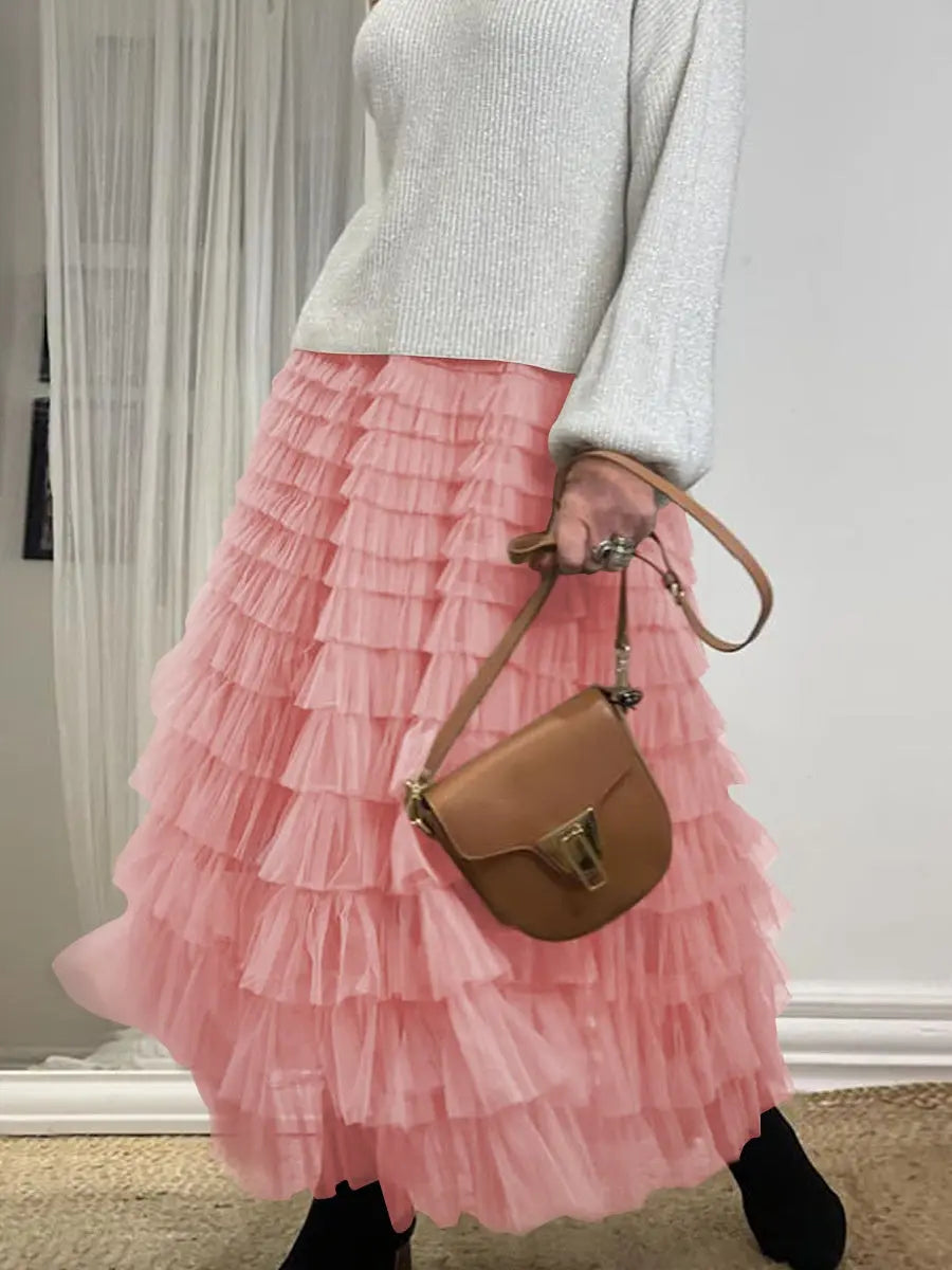 Layered Ruffles Cake Skirt Summer Fashion A Line Swing Mesh Long Skirt Party Dress Women hercurva