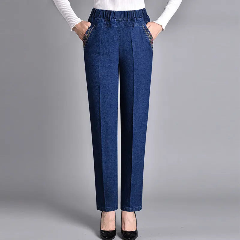 Thin Elastic High Waist Denim Straight-leg Trousers hercurva