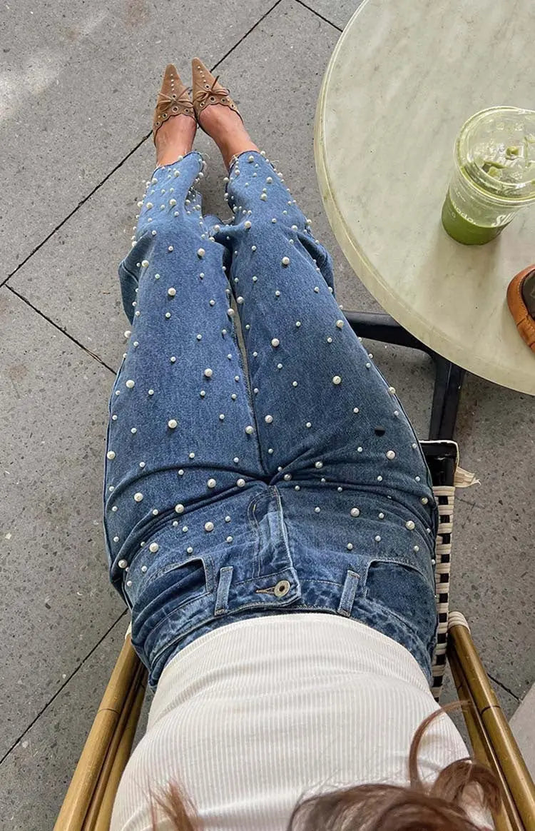 Oblique Waist Cross Beaded Straight-leg Frayed Hem Jeans hercurva