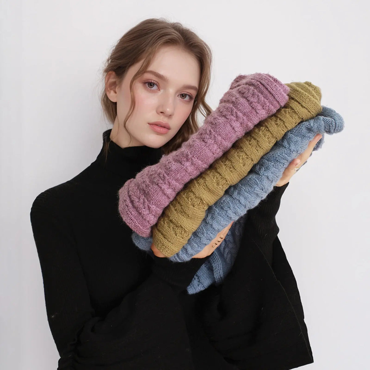 European And American Autumn And Winter Thickening Warm Wool Scarf Artificial Cashmere Solid Color Texture Knitted Scarf hercurva