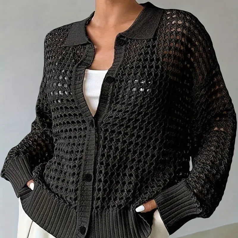 Hollow Single-breasted Lapel Oversized Knit Cardigan hercurva