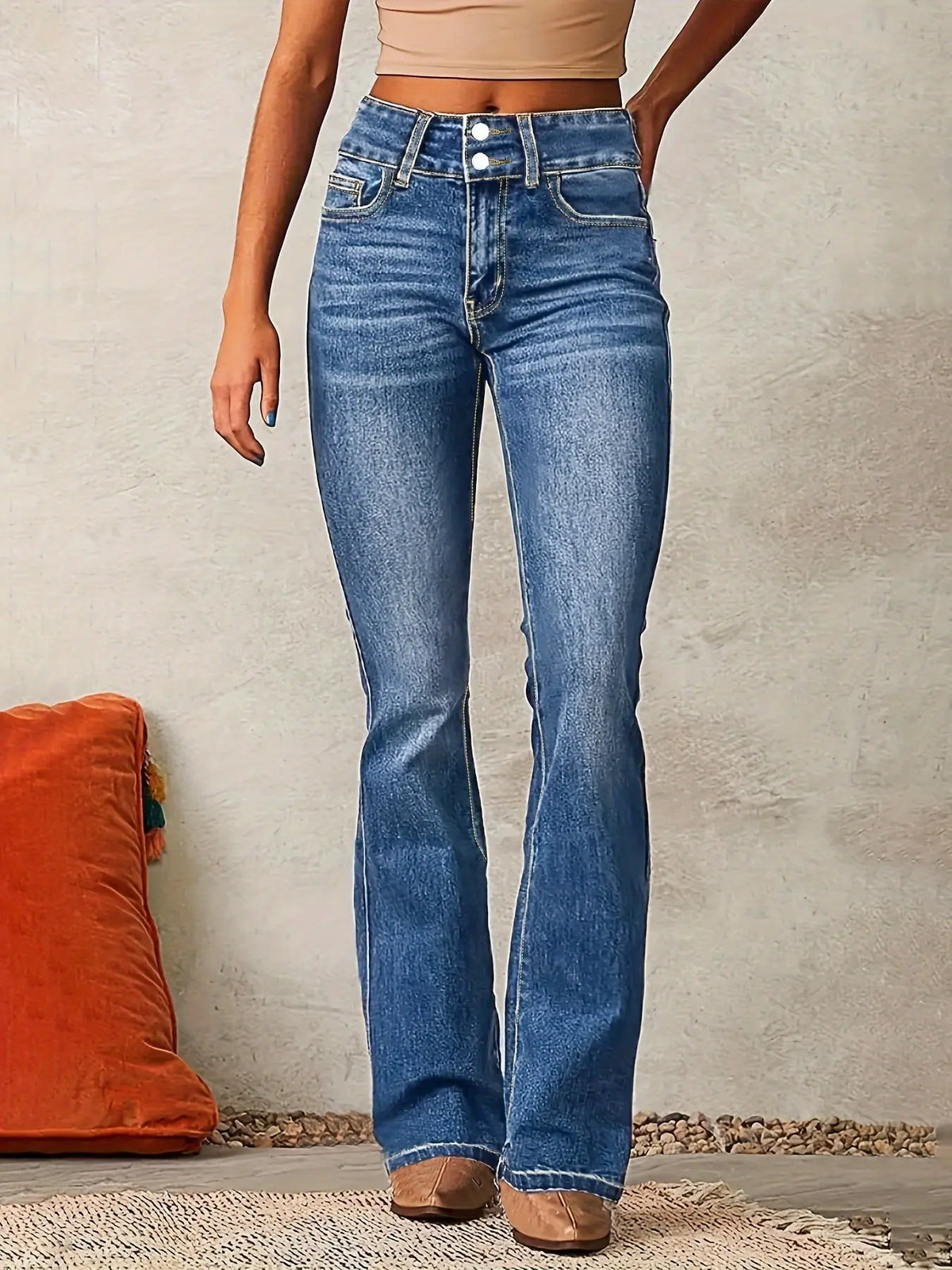 Skinny Flared Jeans With Pockets Fashion Button Zipper Trousers Women's Slim Denim Pants hercurva