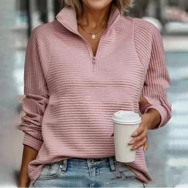 Zipper Stand Collar Pullover Sweatshirt Fashion Solid Striped Long Sleeve Top Spring And Autumn Women's Clothing hercurva