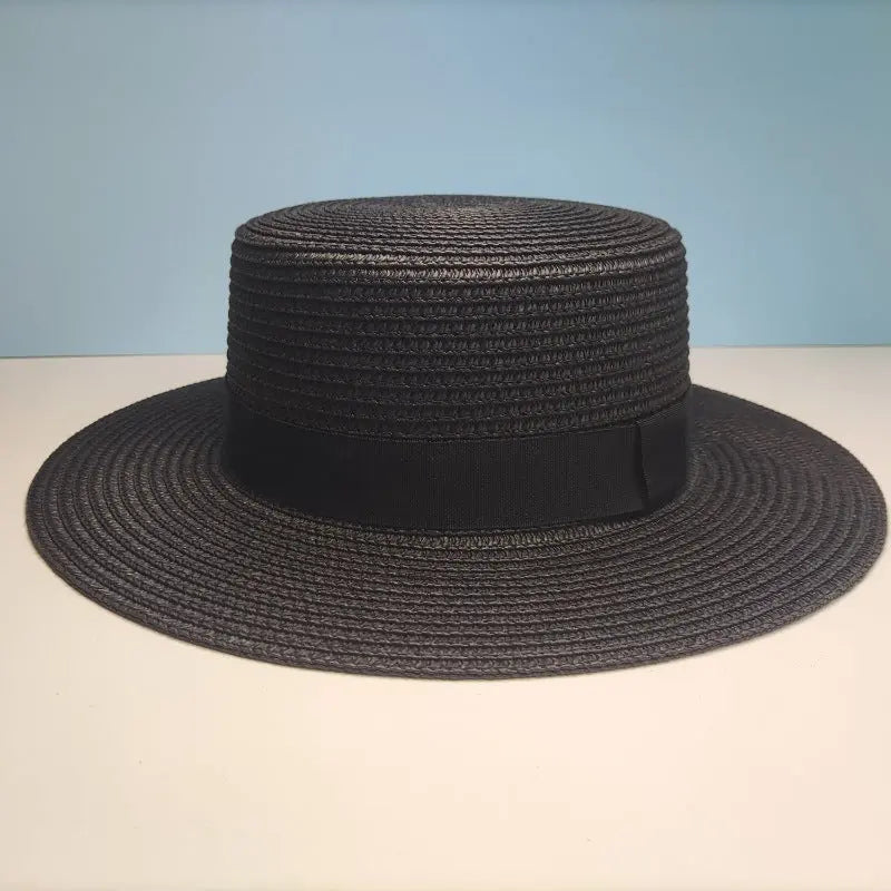 Black Decorative Band Flat Straw Hat High-grade hercurva