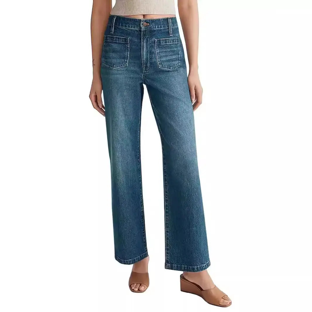 Washed Women's Jeans Wide Leg Trousers Square Pocket hercurva