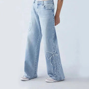 Women's Straight Trousers Embroidered Side Frayed Butterfly Jeans Street Design Hot Girl Baggy Pants hercurva