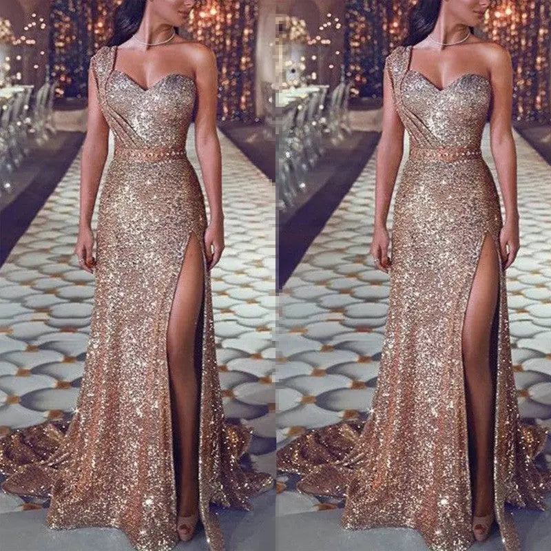 Women's Clothing One-shoulder Sleeveless Bronzing Split Dress hercurva