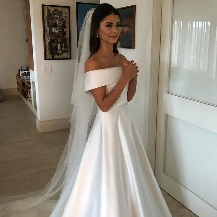 Simple A Line Wedding Dresses Satin Off The Shoulder Wedding Bridal Gowns Sweep Train Casual Dresses Zipper With Buttons Back hercurva