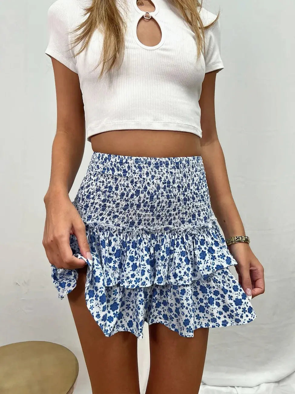 Women's Pleated Ruffles Printed Dress Fashion Floral Bohemian Short Skirt hercurva