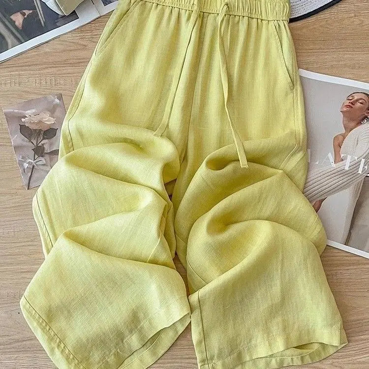 High Waist Drape Linen Cropped Straight Pants hercurva