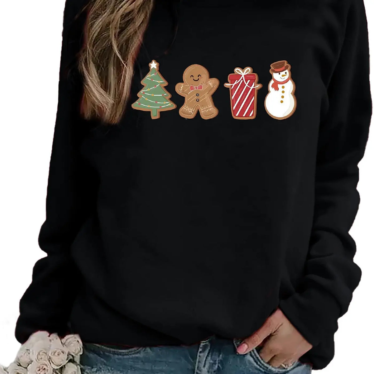 Snowman And Gingerbread Man Printed Sweater Comfortable And Casual hercurva