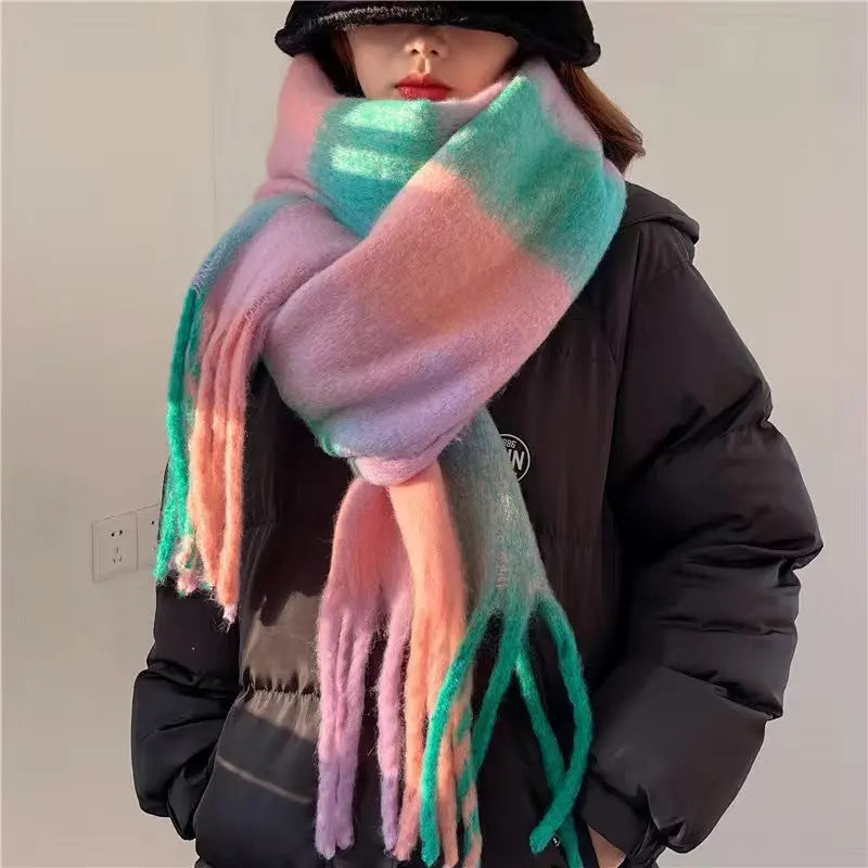 Women's Plaid Tassel Scarf Rainbow Color-blocking Shawl hercurva