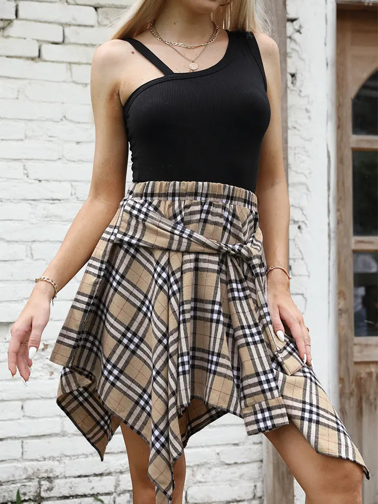 Women's Fashion Irregular High Waist Plaid Tie-Sleeve Skirt hercurva