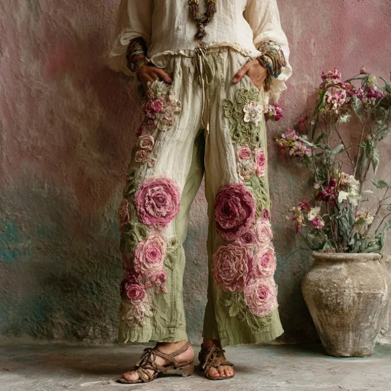 3D Floral Print Pattern Elegant Straight Women's Trousers hercurva