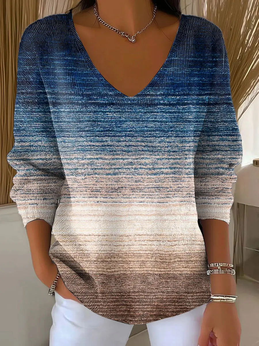 New Drop-shoulder V-neck Long-sleeve Printed Women's Pullover hercurva