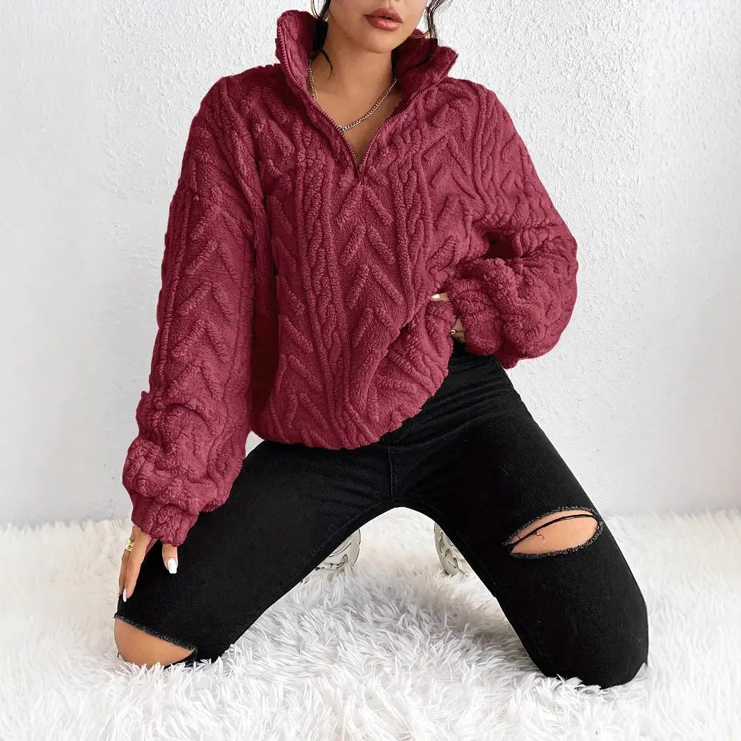 Double-sided Plush Latte Art Casual Zipper Pullover Top hercurva