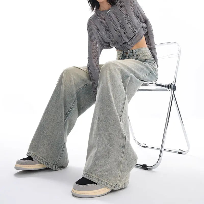 Retro Denim American Style Loose Slimming Mop Wide Leg Pants hercurva