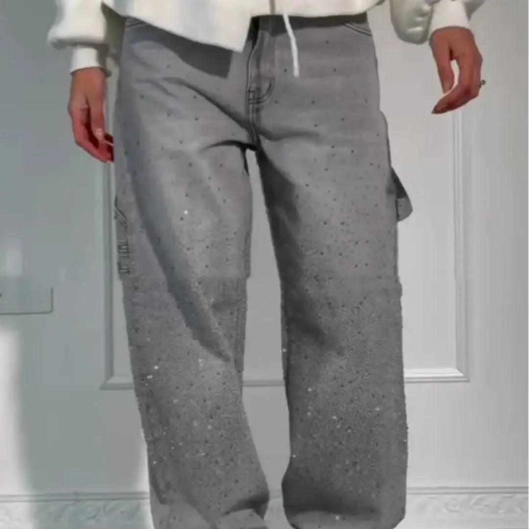 Ins Shiny Straight Jeans With Pockets Fashion Loose Wide-leg Pants For Women Street-style Trousers hercurva