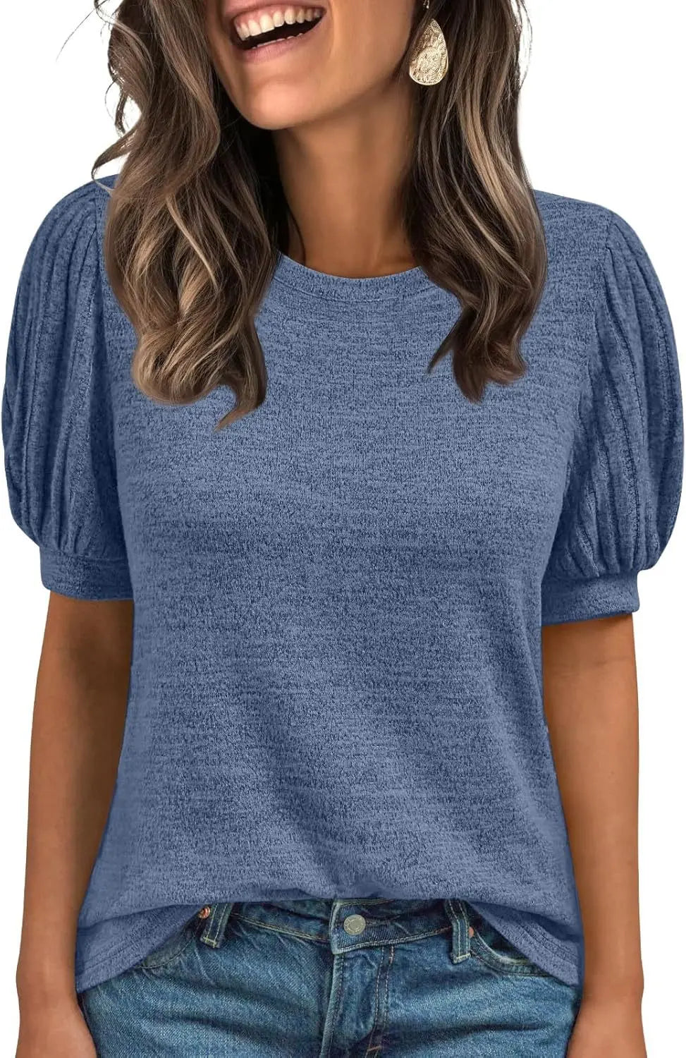 Spring Summer Crew-Neck Solid-Color Elastic-Cuff Short-Sleeve Top hercurva