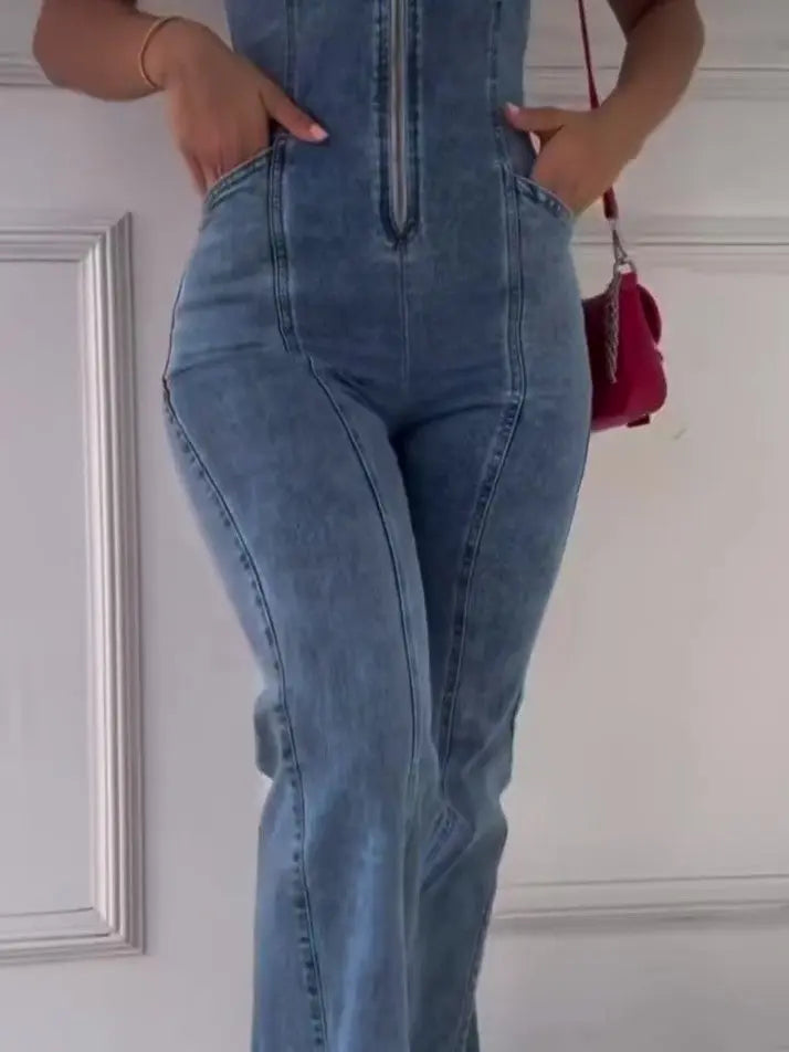 Sleeveless Paneled Zipper Denim Jumpsuit hercurva