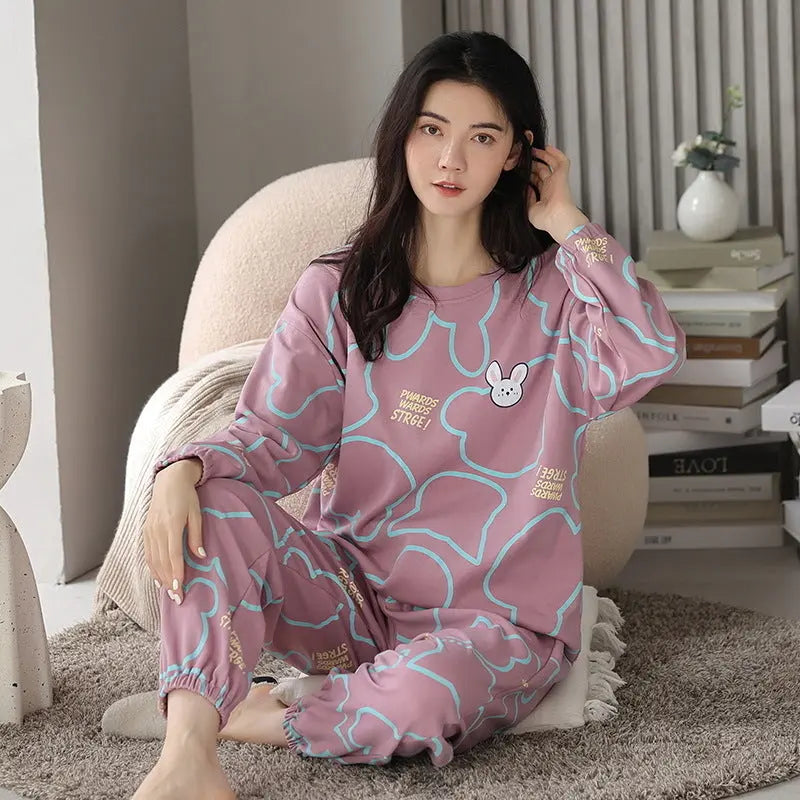 Loose Print Pajamas Women Autumn Winter Pyjama Set Long Sleeves And Trousers Elegant Sleepwear Girl Loungewear Home Clothes hercurva