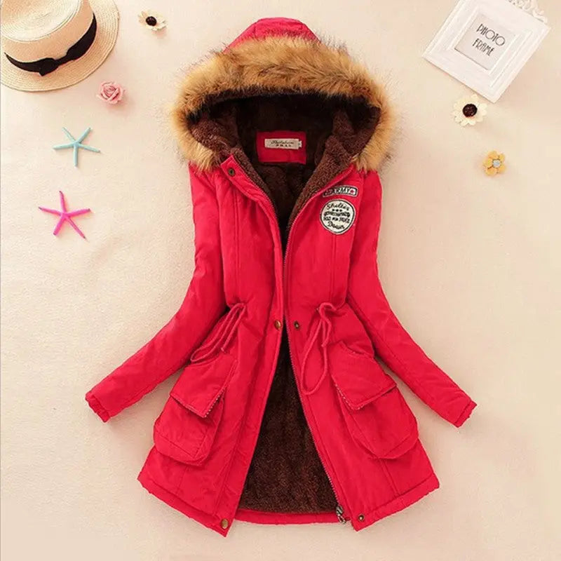 Long Women's Cotton-Padded Jacket With Wool Collar hercurva