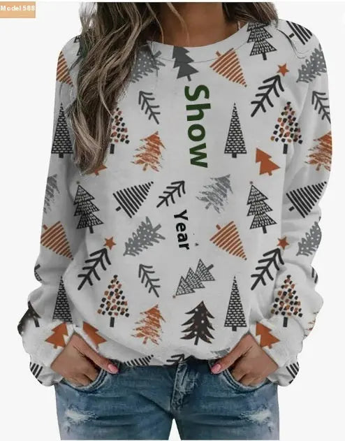 Christmas European And American Women Printed Crew Neck Sweatshirt hercurva