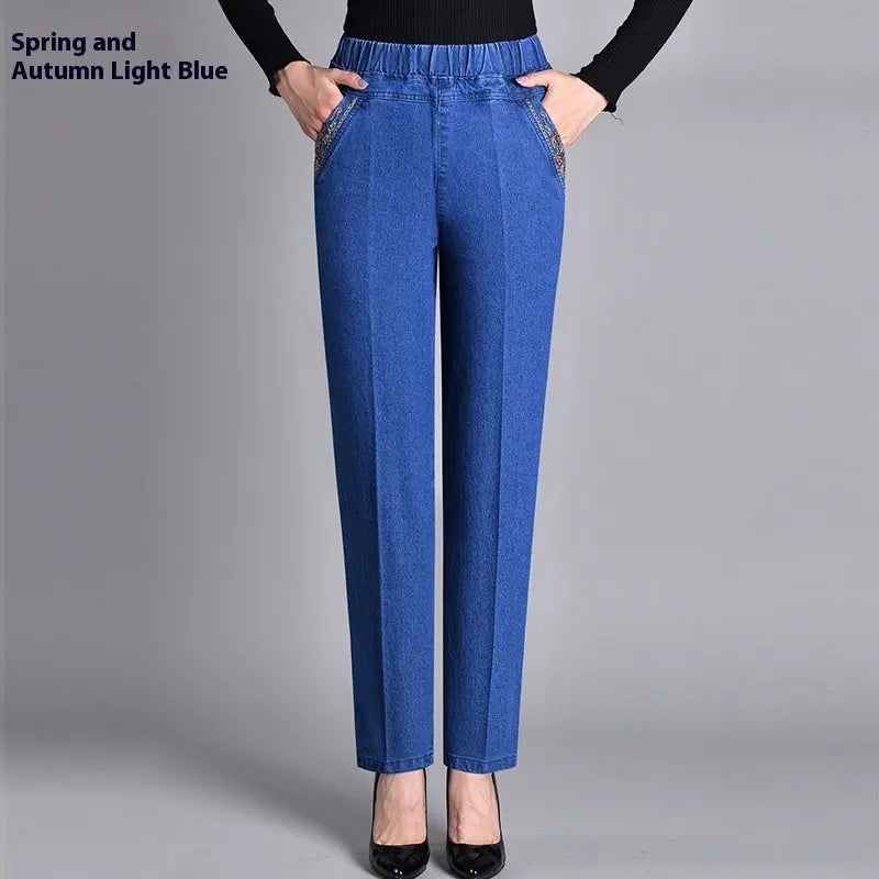 Thin Elastic High Waist Denim Straight-leg Trousers hercurva