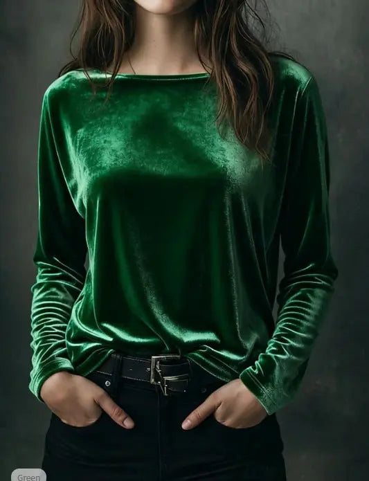 Female Solid Color Loose Fit Crew-neck Pullover Velvet T-shirt hercurva