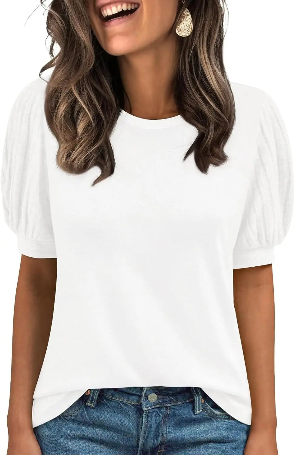 Spring Summer Crew-Neck Solid-Color Elastic-Cuff Short-Sleeve Top hercurva