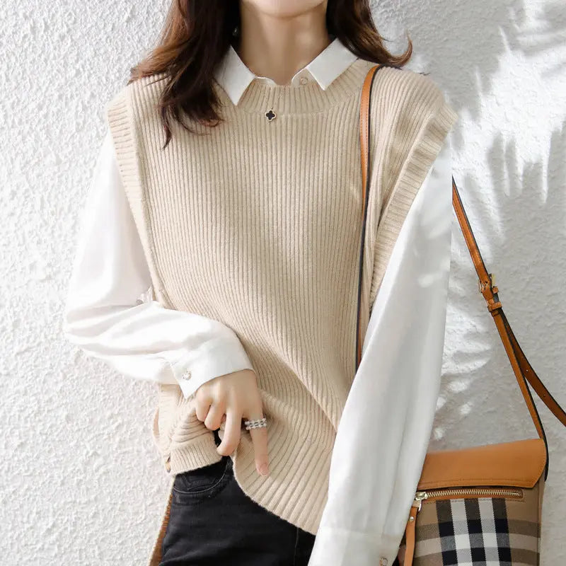 Womens Knitted Crew-Neck Vest Casual Loose-Fit Sleeveless Waistcoat hercurva
