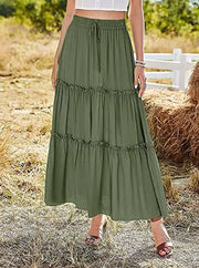 Women's Elastic High Waist A-Line Pleated Casual Maxi Dress hercurva