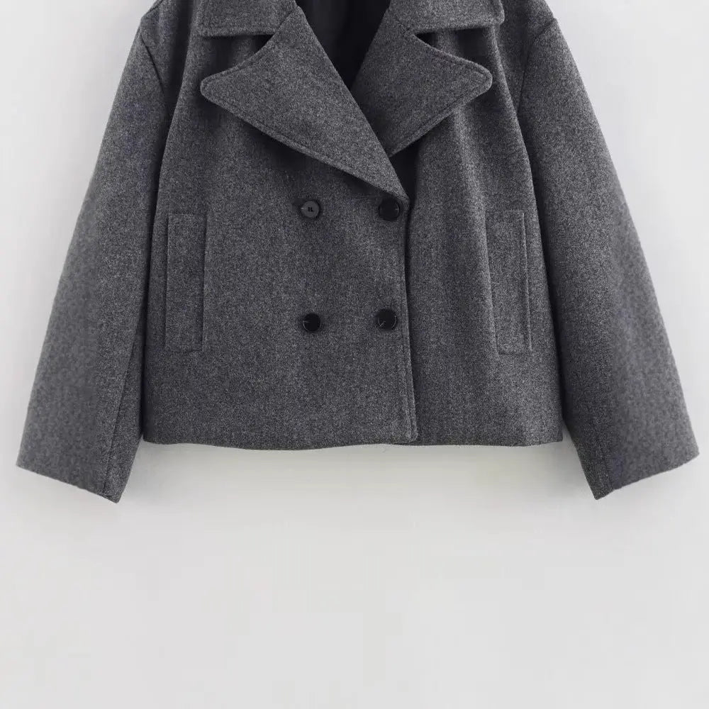 Gray Suit Woolen Jacket Women's Loose Double-breasted Short Coat hercurva