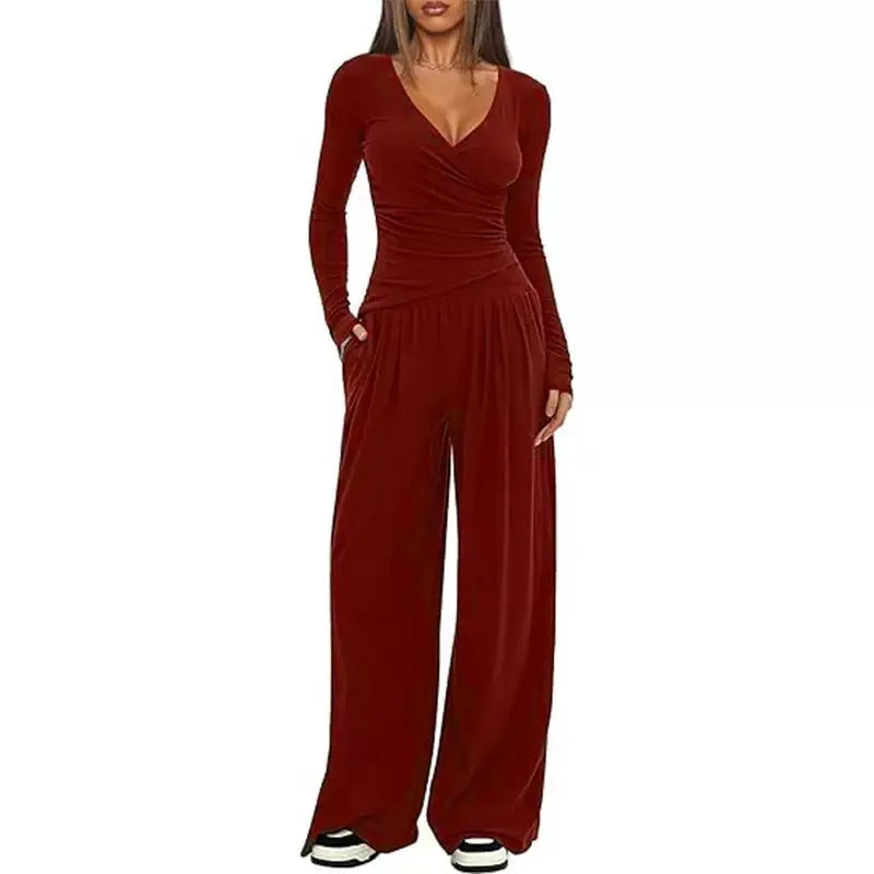 2 Pieces Women's V Neck Long-sleeve Sportswear Top And Wide-leg Pants Set Casual Comfortable Outfit Set For Daily Wear Gym Sports Outfit hercurva