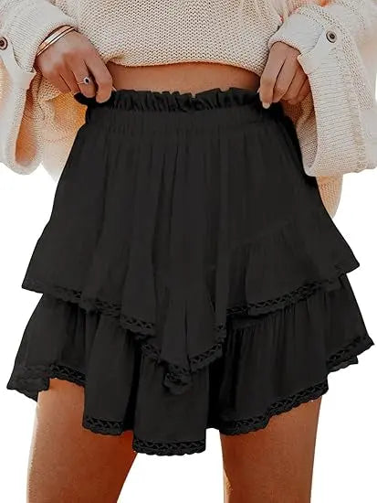 Tulle Chiffon Fake Two-layer Skirt Women Loose High Waist Solid Color Short Skirt hercurva