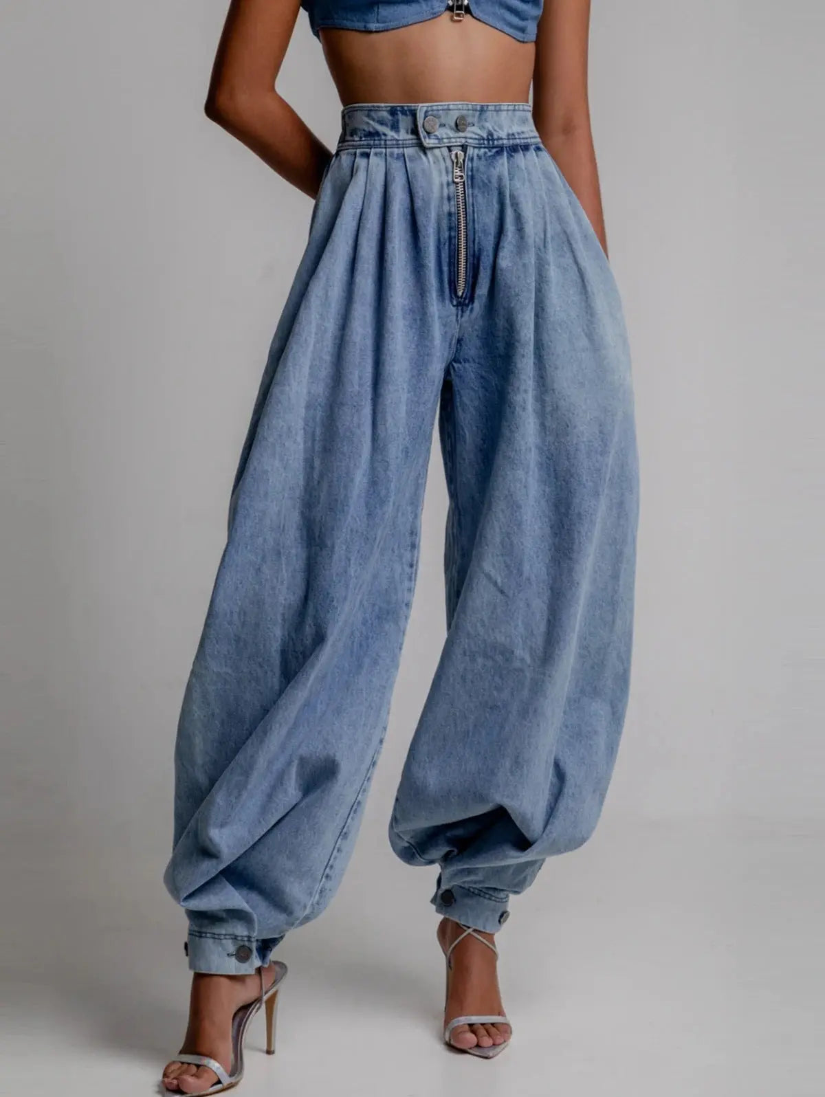 High Waist Zipper Denim Loose Harem Pants hercurva