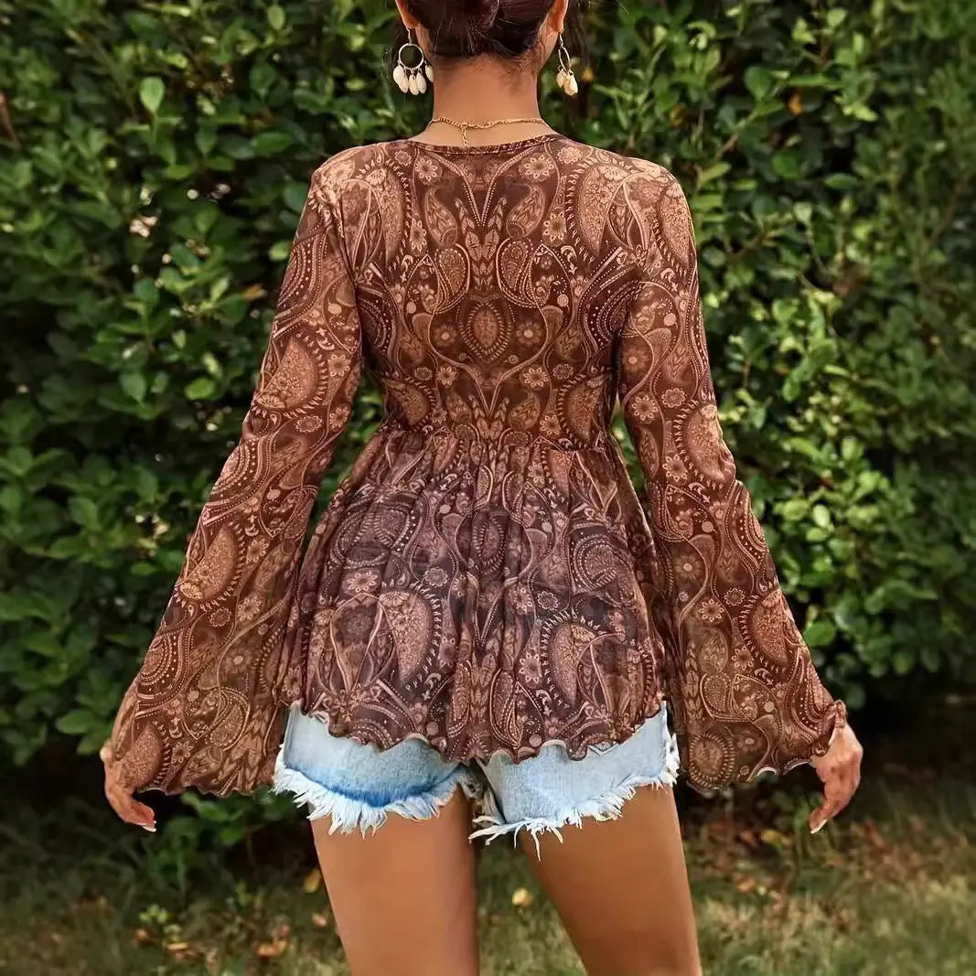 New Versatile Mesh Printed Deep V-neck Slim-fit Long Sleeve Top hercurva