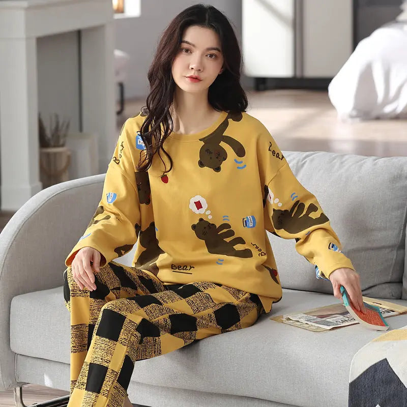 Loose Print Pajamas Women Autumn Winter Pyjama Set Long Sleeves And Trousers Elegant Sleepwear Girl Loungewear Home Clothes hercurva