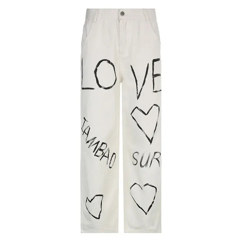 Loose Trousers Low-rise Pleated Heart-print Washed Jeans hercurva