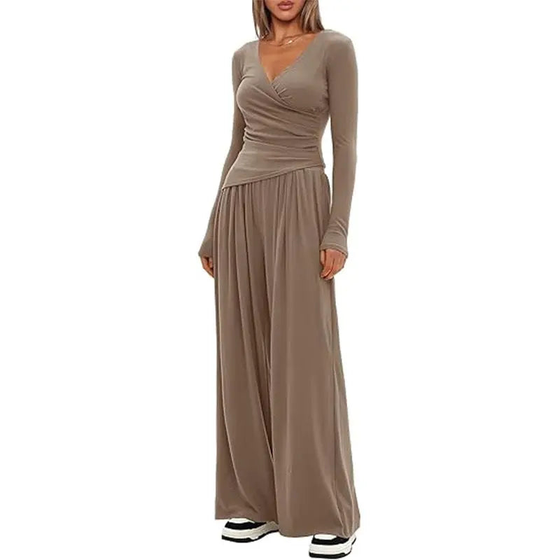 2 Pieces Women's V Neck Long-sleeve Sportswear Top And Wide-leg Pants Set Casual Comfortable Outfit Set For Daily Wear Gym Sports Outfit hercurva