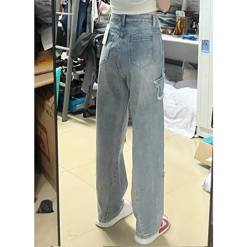 Blue XINGX Embroidered Jeans Women Loose Straight-leg Wide-leg Pants hercurva